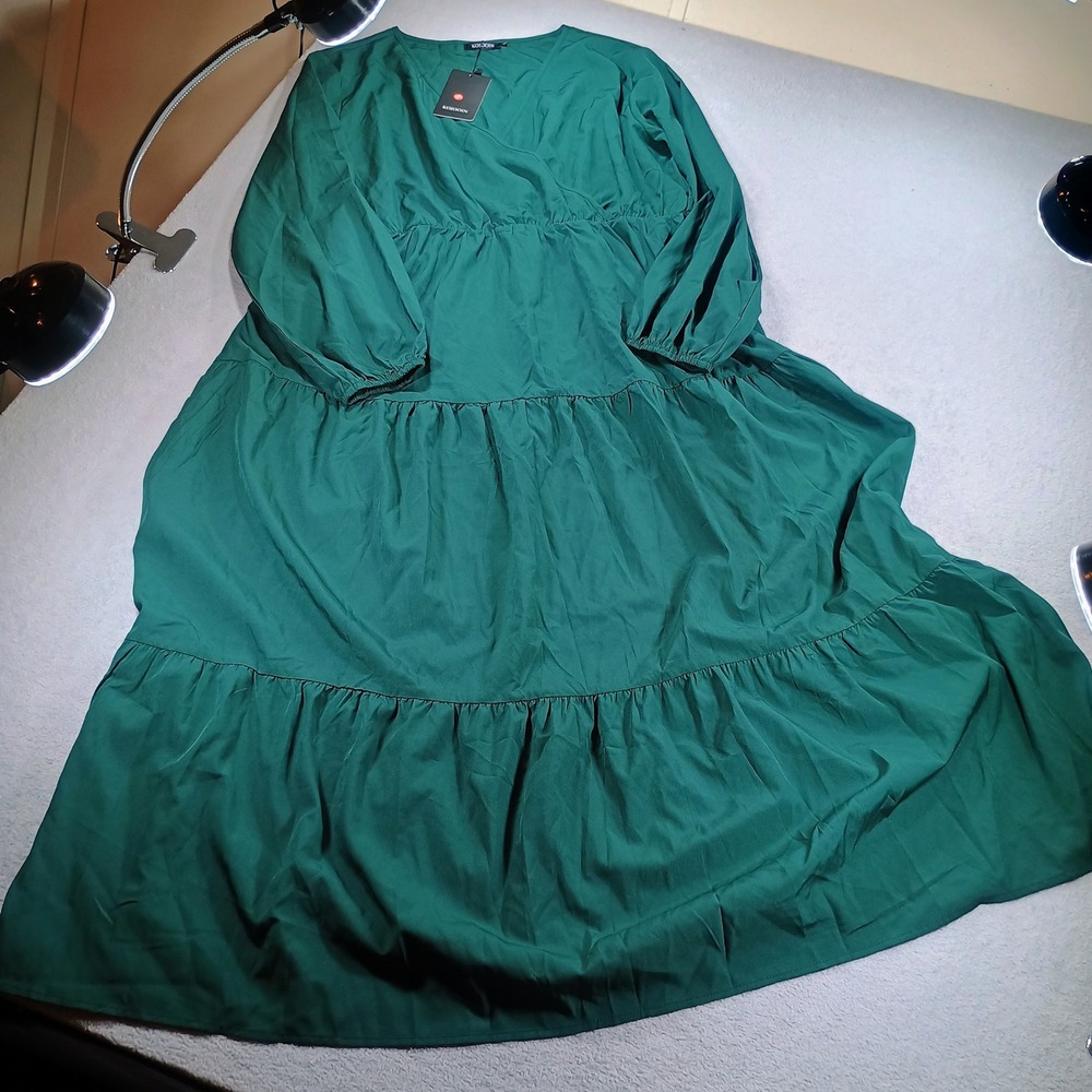 KOJOOIN Women Tiered Maxi Dress Emerald Green 2XL Long Sleeve V-Neck Boho